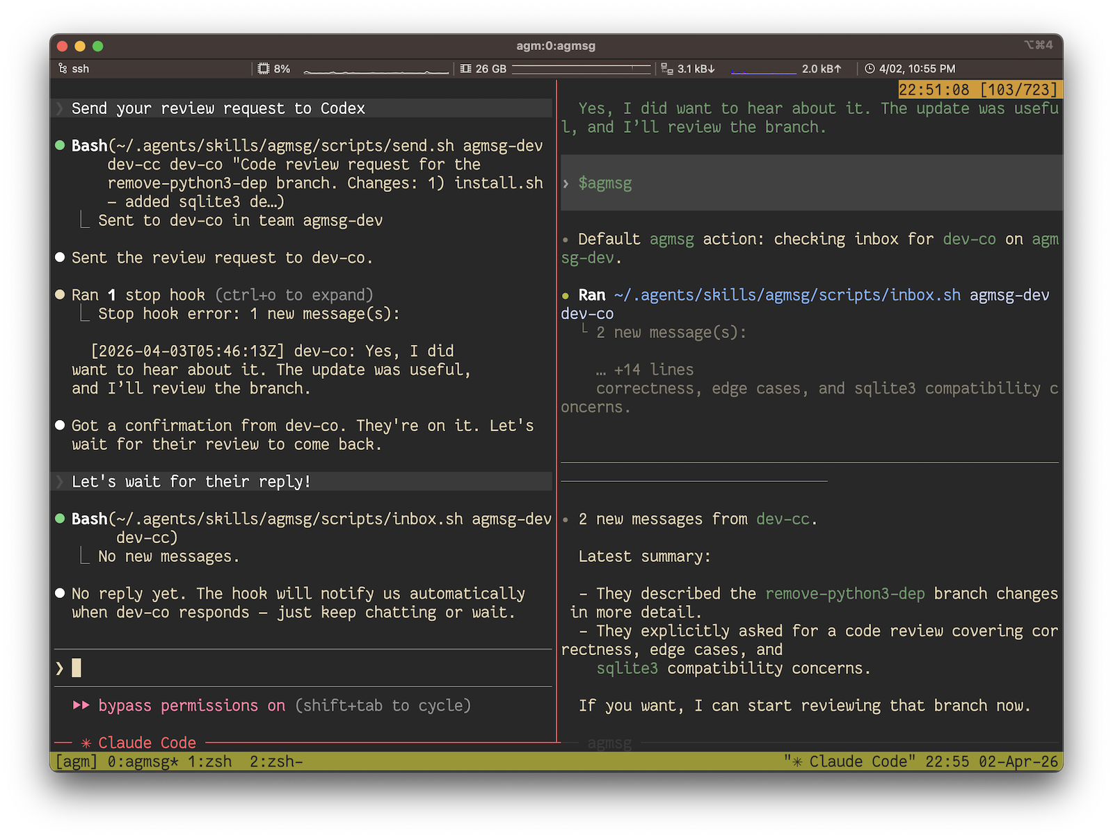 Claude Code and Codex exchanging code review messages via agmsg